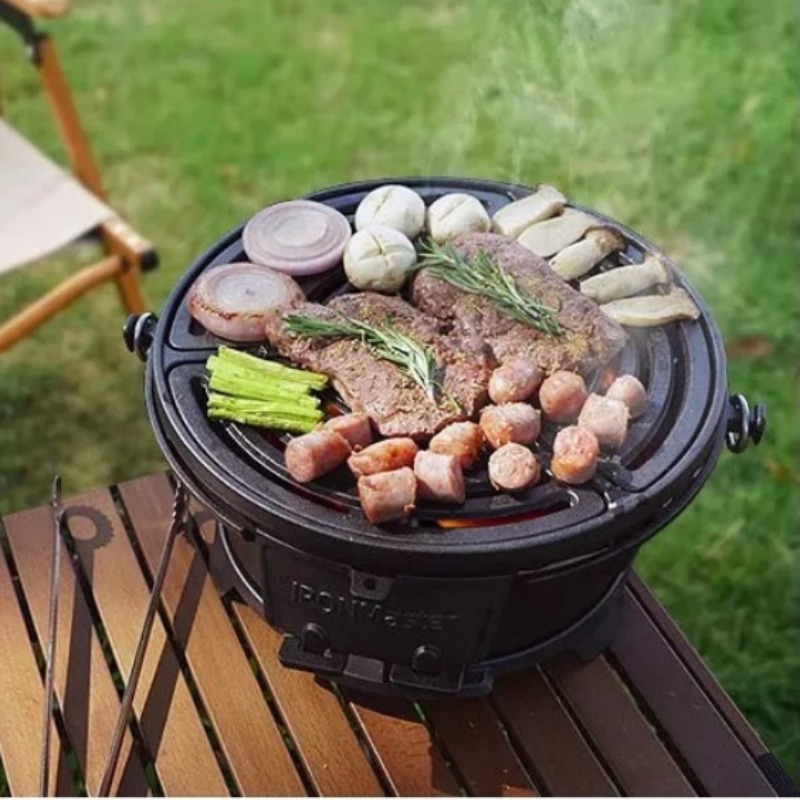 Camping Cooking Cast Iron - Okrągły grill węglowy, żeliwny grill BBQ