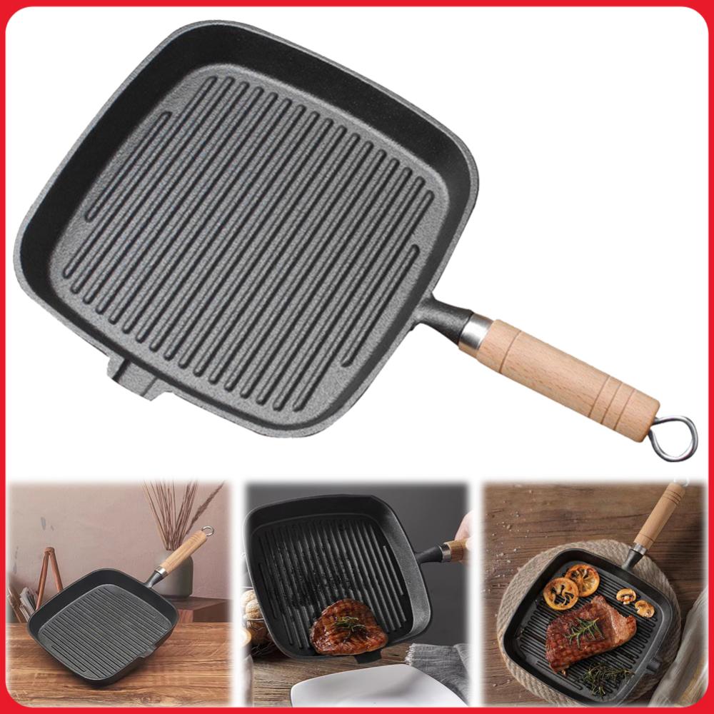 Camping Cooking Cast Iron - Żeliwna patelnia do steków z drewnianą